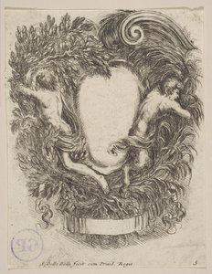 Cartucho enmarcado por Apolo y Pan, 1647 de Stefano della Bella