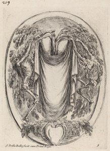 Cartucho en forma de cortina suspendida de un ciprés flanqueado por esqueletos, 1647 de Stefano della Bella