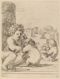 Niño jugando con un perro de Stefano della Bella