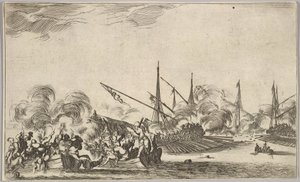 Combate entre varias lanchas y barcos, dos grupos de hombres en lanchas luchando a la izquierda de Stefano della Bella
