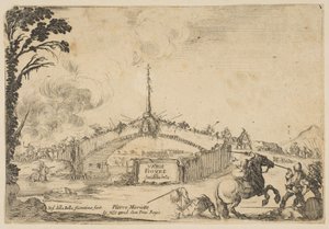 Combate en un puente, un jinete y dos soldados de infantería luchan con espadas en la parte inferior derecha, ca. 1645 de Stefano della Bella