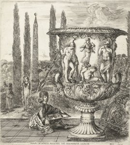 De jonge Cosimo III de Medici tekent de Medici-vaas Roma, en los jardines de los Medici, un mármol excepcional (título sobre objeto) Gezichten op Rome en omgeving (título de la serie) Six grandes vues, dont quatre de Rome et deux de la Campagne romaine (tí de Stefano della Bella