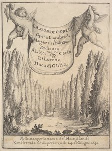 Frontispicio para El Bosque de Cipreses: dos putti sostienen un tapiz de Stefano della Bella