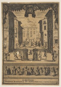 Frontispicio para la comedia Los Bufones Li Buffoni, un escenario que se asemeja a un p..., ca. 1639 de Stefano della Bella