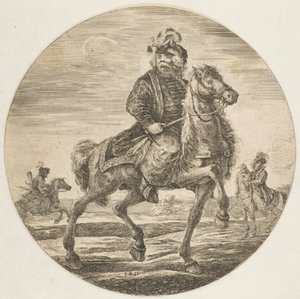 Jinete húngaro cabalgando hacia la derecha, otros jinetes en el fondo