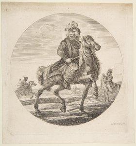 Jinete húngaro cabalgando hacia la derecha, otros jinetes en el fondo de Stefano della Bella