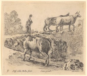Una vaca sube una colina, al fondo una campesina con dos vacas entra en un puente de Stefano della Bella