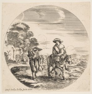Paisaje con dos campesinos, uno montando un caballo, de Paisajes y puertos marítimos Paysages..., 1656 de Stefano della Bella