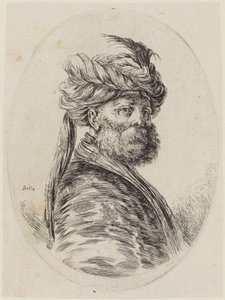 Varias cabezas peinadas al estilo persa (Plusieurs têtes coiffées à la persienne): busto de un turco barbudo en perspectiva de tres cuartos, mirando hacia la derecha de Stefano della Bella