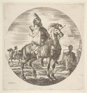 Jinete moro de perfil mirando a la derecha, un esclavo negro sosteniendo una piel a la derecha, ca. 1651 de Stefano della Bella
