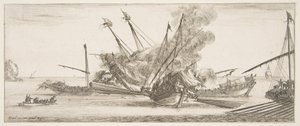Combate naval, un barco en el centro, visto desde atrás, disparando a cuatro barcos enemigos, otro..., ca. 1641 de Stefano della Bella