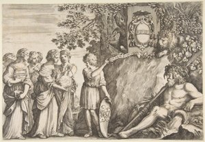 Diseño de ornamento para una tesis, el escudo de armas de Strozzi en la parte superior de Stefano della Bella