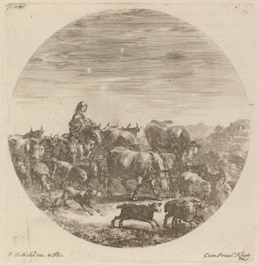 Campesino sentado en un caballo con vacas, ovejas y cabras de Stefano della Bella