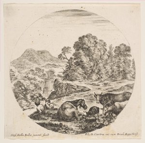Placa 10: un caballo acostado en el centro, una vaca y dos cabras a la derecha, dos pastores sentados, ca. 1646
