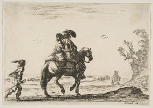 Placa 10: un jinete y una mujer, vistos desde atrás, cabalgando hacia la derecha con un joven, 1642 de Stefano della Bella