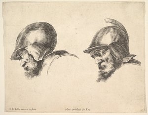 Dos cabezas de soldados viejos con cascos, ambos mirando a la izquierda y hacia abajo de Stefano della Bella