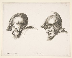Placa 10: dos cabezas de viejos soldados con cascos, ambos mirando hacia la izquierda y hacia abajo..., ca. 1641 de Stefano della Bella