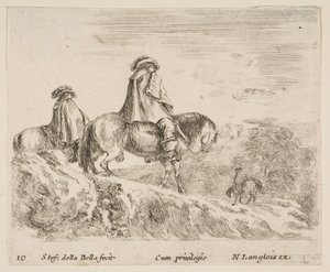 Placa 10: dos jinetes descendiendo una montaña a la izquierda, otro jinete a la derecha en ..., ca. 1644-47 de Stefano della Bella