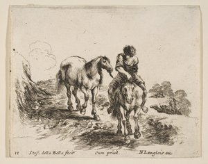 Placa 11: un joven jinete, visto de frente, llevando otro caballo, ca. 1644-47