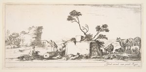 Placa 12: un dibujante sentado a la izquierda, un pastor de pie junto a él a la derecha, ruina..., ca. 1641 de Stefano della Bella