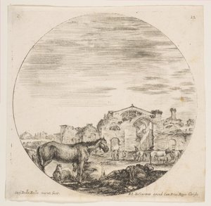 Placa 12: un pastor durmiendo en el suelo a la derecha, tres caballos a la izquierda, otros caballos..., ca. 1646 de Stefano della Bella