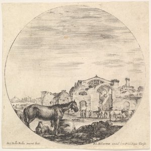 Placa 12: un pastor durmiendo en el suelo a la derecha, tres caballos a la izquierda, otros h..., ca. 1643-48 de Stefano della Bella