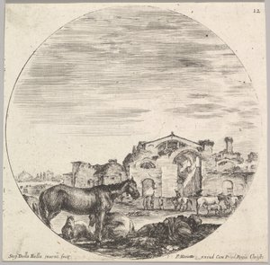 Placa 12: un pastor durmiendo en el suelo a la derecha, tres caballos a la izquierda, otros h..., ca. 1643-48 de Stefano della Bella