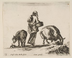 Placa 13: una campesina, vista desde atrás, sosteniendo una cesta en el centro, un burro..., ca. 1644-47 de Stefano della Bella