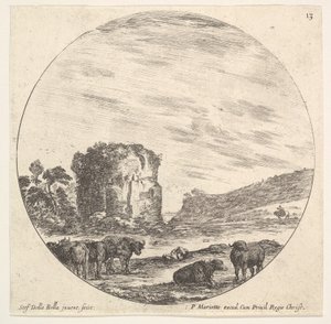 Lámina 13: ruinas de un templo antiguo en el fondo, un rebaño de vacas en el primer plano