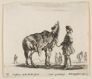 Placa 15: un noble polaco, de espaldas, sosteniendo su caballo cubierto de piel de leopardo, ca. 1644-47. de Stefano della Bella