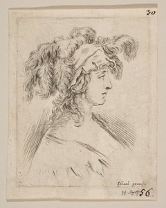 Placa 15: busto medio de una joven en perfil con un sombrero con plumas, ca. 1649 de Stefano della Bella