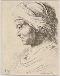 Placa 16: cabeza de un anciano de perfil con un paño atado alrededor de su cabeza, de El B..., ca. 1649 de Stefano della Bella