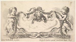 Placa 17: un cartucho con un centro de mármol, un infante a cada lado sosteniendo una guirnalda, 1646 de Stefano della Bella
