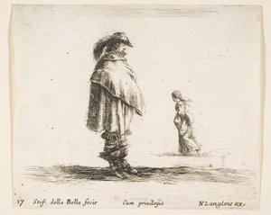 Placa 17: un hombre con sombrero emplumado en el centro mirando a la derecha, una mujer caminando hacia..., ca. 1644-47