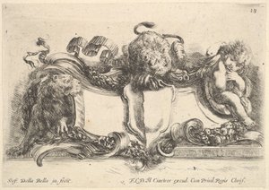 Placa 18: un cartucho que contiene un escudo vacío, dos leonas, una a la izquierda y otra en el centro, 1646
