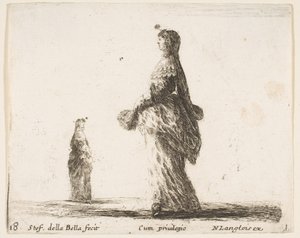 Placa 18: una noble caminando hacia la izquierda con un abanico de plumas, otra mujer, ca. 1644-47 de Stefano della Bella