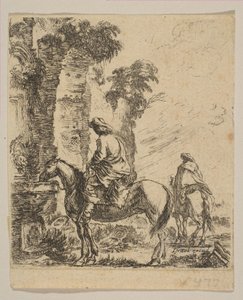 Placa 19: Paisaje con un caballero dando de beber a su caballo en una fuente, de Varios..., ca. 1646 de Stefano della Bella