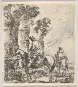 Placa 19: un jinete haciendo que su caballo beba de una fuente a la izquierda, otro h..., ca. 1646 de Stefano della Bella