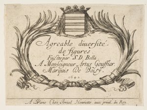 Placa 1: Dos palmas y un escudo de armas enmarcan el título y la dedicación, página del título para 