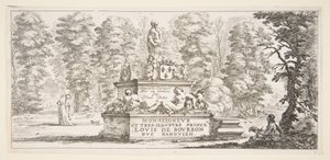 Placa 1: un monumento con estatuas y un escudo de armas en el centro, un dibujante en el... de Stefano della Bella