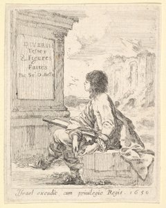Plato 1: un joven sentado en una piedra, mirando a la izquierda en perfil, sosteniendo un bloc de dibujo, 1650 de Stefano della Bella