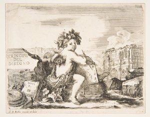 Placa 1: el genio del dibujo, un niño con alas, sentado en una roca en el centro girando, ca. 1641-43. de Stefano della Bella
