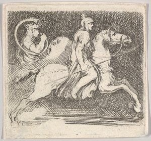 Placa 20: un soldado de perfil galopando a la derecha sosteniendo una lanza en su mano derecha, ca. 1646 de Stefano della Bella