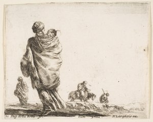 Placa 21: una mujer pobre a la izquierda, vista desde atrás, envolviendo a su hijo en un chal..., ca. 1644-47 de Stefano della Bella