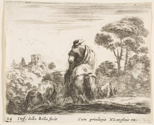 Placa 24: pastor a caballo, visto desde atrás, conduce su ganado colina abajo, ca. 1644-47 de Stefano della Bella