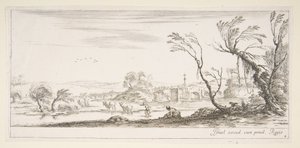 Placa 2: una campesina quitándose los zapatos en el centro, otra campesina y dos niños, ca. 1641 de Stefano della Bella