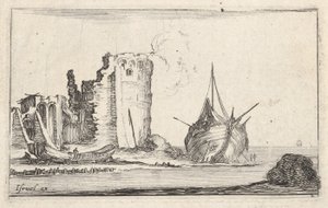 Placa 2: un barco a la derecha y un bote a la izquierda, varado en la orilla, una torre en ruinas, ca. 1642 de Stefano della Bella