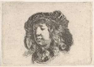 Placa 34: cabeza de un joven con una gorra adornada con algunas plumas, girada tres cuartos, ca. 1646 de Stefano della Bella
