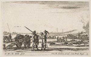Placa 3: un oficial dando órdenes a un soldado en primer plano, cañón a la izquierda, ca. 1641 de Stefano della Bella
