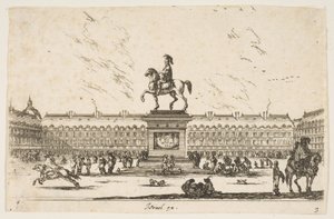 Placa 3: La Place Royale, estatua ecuestre de Luis XIII en perfil mirando a la izquierda en ce..., 1642